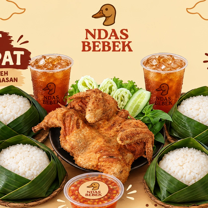 Paket Hemat Berempat Ayam Goreng Rempah+4 Nasi+Sambal+Lalapan+4 esteh
