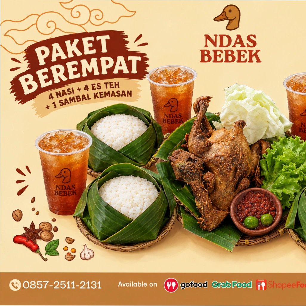 Paket Hemat Berempat Bebek Goreng Rempah+4 Nasi+Sambal+Lalapan+4 esteh